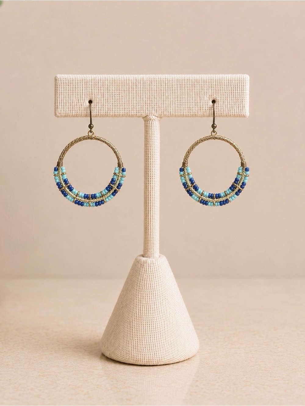 Boho Blue Seed Bead Hoop Earrings Gold Tone Dangle Lightweight Bohemian